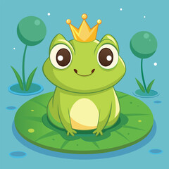 a frog wearing a crown sits on a pond with a crown on it