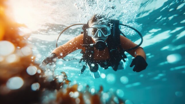 A scuba diver, submerged in clear blue water amidst sunlit seaweed, illustrates the awe-inspiring moment of harmony between human exploration and marine beauty.