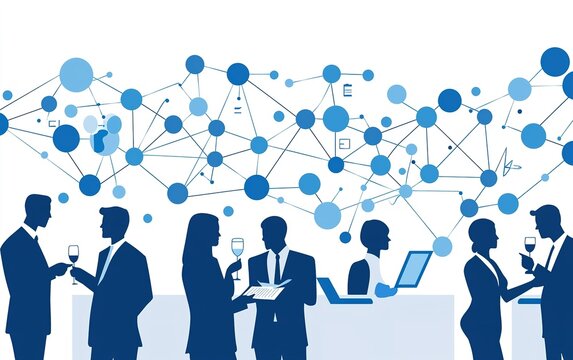 Networking professionals engage in lively discussions while analyzing data trends at a technology conference in the evening
