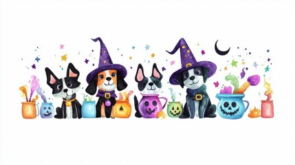 Fototapeta premium Playful cartoon dogs in witch hats, surrounded by colorful potions and Halloween decorations. Perfect for festive and pet-themed designs.