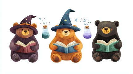 Fototapeta premium Three adorable bears in wizard hats reading books, surrounded by potions, adding a whimsical touch to any illustration.