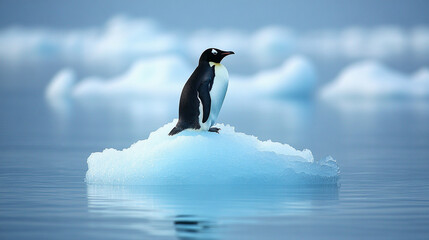 Obraz premium A penguin stranded on a small iceberg surrounded by open ocean,