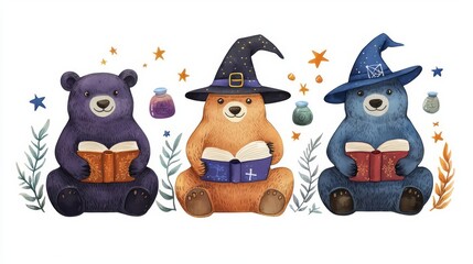 Three whimsical bears wearing hats, reading books and surrounded by colorful stars, perfect for children's decor or magic themes.