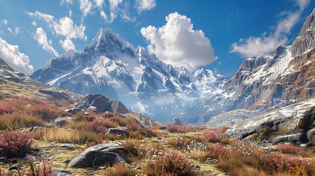 A scenic mountain range with snow-capped peaks and a clear blue sky