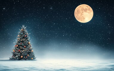 Obraz premium A snowy landscape adorned with a decorated Christmas tree under a bright full moon at night