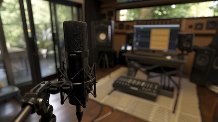 Close-up of microphone on stand in soundproof recording studio, positioned in front of script stand, symbolizing voice acting and audio production.