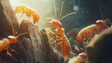A close-up of a colony of termites on a piece of wood in a warm, sunny environment.