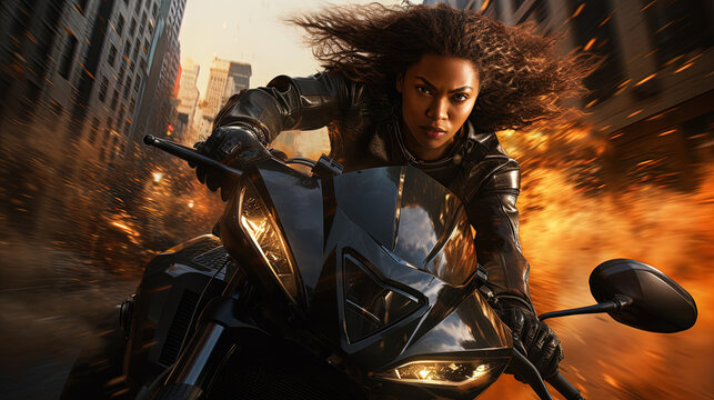 Action shot with black woman on the bike riding away from fire and explosion. Dynamic scene in action movie blockbuster style
