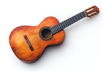 Obraz premium A classic acoustic guitar with six strings, wooden body and a sound hole, isolated on a white background.
