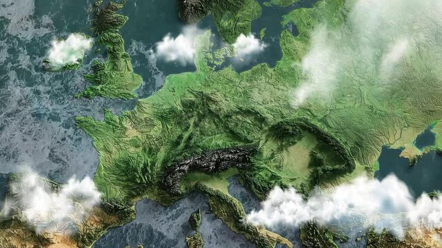A physical map of Europe with relief appears from behind the clouds, drawing the outline of France's borders. Volumetric 3D animation of continent with satellite view in realism style