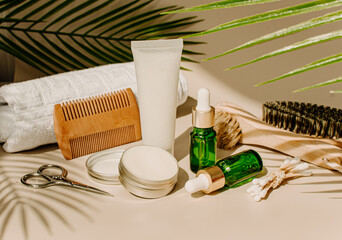 Male self-care. Natural eco cosmetic products for skin care of face, body.