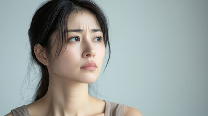 Fototapeta premium thoughtful woman gazes into distance, her expression contemplative and serene. soft lighting highlights her features against neutral background