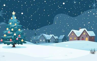 Naklejka premium Cozy winter evening with a decorated Christmas tree in a snowy village under a starry sky