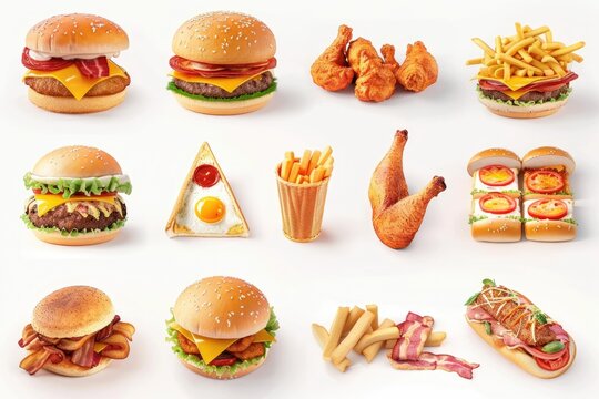 Collection of fast food items on white background.