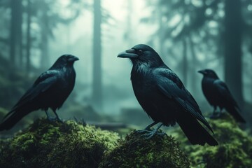 Naklejka premium Ravens stand in the forest on moss.