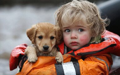 a distressed little boy in an orange life jacket with his puppy dog