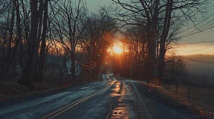 A road lined by bare trees leads to a bright sunset in the distance.