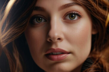Naklejka premium A close-up of a woman with striking green eyes, her features delicately highlighted by soft lighting, creating an intimate and expressive portrait