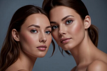 A close-up portrait of two women with glowing skin, softly posed together, their features blending harmoniously in natural lighting, showcasing beauty and unity.