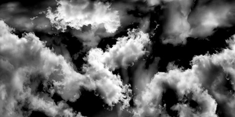 Black and white view on sky with beautiful sunlit clouds. Dramatic black and white cirrus clouds against the blue sky. Monochrome sky background with clouds.  Good for Atmosphere Creation.