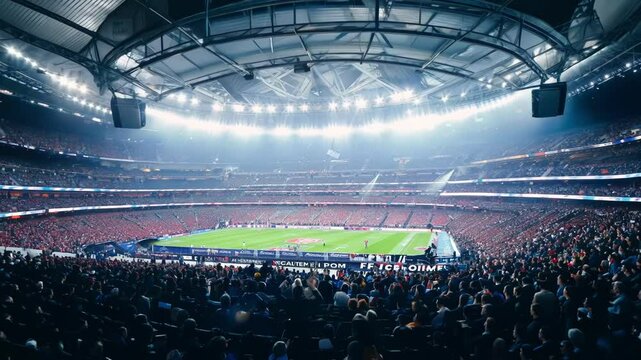 A packed football stadium under bright lights as fans cheer during an exciting match. The crowd is buzzing with energy, perfect for sports and event themes.