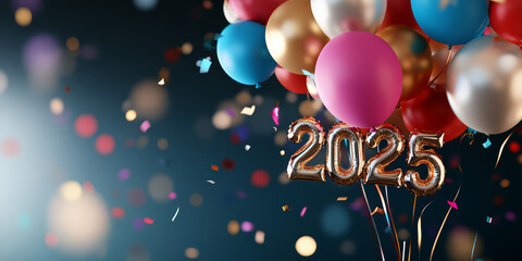 vibrant celebration scene with colorful balloons and metallic 2025 numbers, surrounded by confetti against dark background, creating festive atmosphere