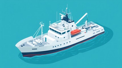 Naklejka premium A white fishing boat on a blue background in an isometric perspective.