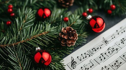 A festive arrangement featuring holiday decorations, including red ornaments and a pinecone, alongside sheet music for a seasonal touch.