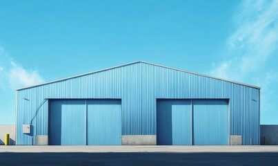 Fototapeta premium Blue metal warehouse with several doors and a blue roof.