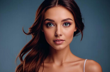 Naklejka premium A portrait of a young woman with flowing hair, softly lit to highlight her natural beauty and glowing skin, her gaze gentle and calm
