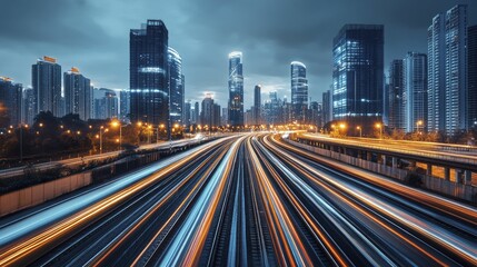 A vibrant urban landscape featuring electric transport networks, an emphasis on clean energy, and innovative architectural aesthetics.