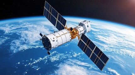 Fototapeta premium A satellite orbits Earth, showcasing solar panels against a backdrop of blue oceans and clouds.