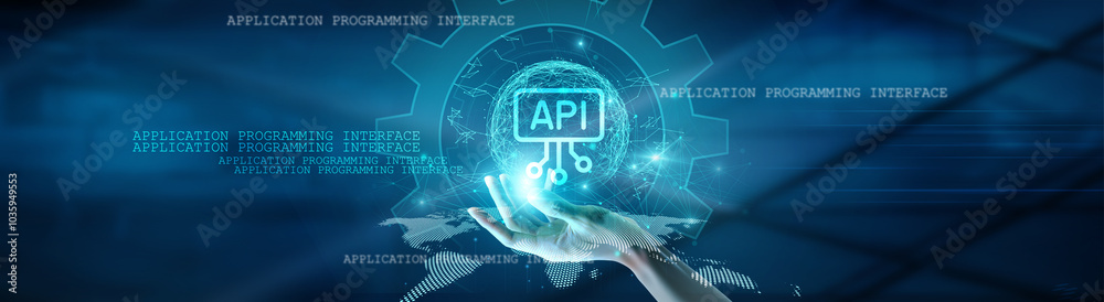 Wall mural hand holding a global network connection on api (application programming interface), data exchange, 