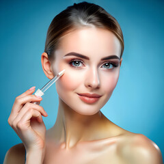 Obraz premium A woman with glowing skin uses a pipette to apply face serum on her cheek, showcasing a clean beauty routine with a fresh, radiant look on a blue background.