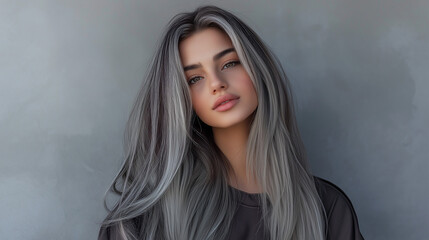 Fototapeta premium A girl with grey tall, long shiny hair isolated against grey background.