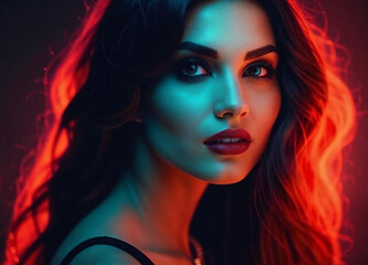 Naklejka premium A woman with wavy hair, illuminated by vibrant neon red and blue lights, gazes intensely, her bold beauty enhanced by the dramatic lighting