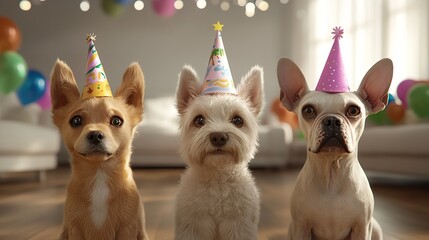 Adorable Team of Birthday Pets of Different Breeds Celebrating Together
