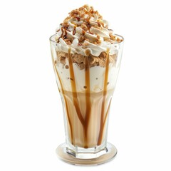Tall glass overflowing with delicious milkshake topped with whipped cream, caramel sauce and crumbs