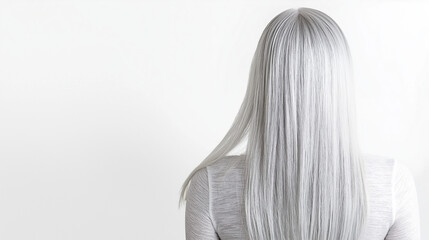 Naklejka premium A girl with white silky shiny long hair isolated in a white background.