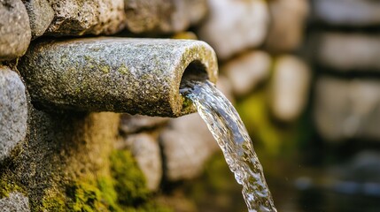 A stone water spout gracefully pours clear water into a serene setting, surrounded by textured rocks and lush greenery.
