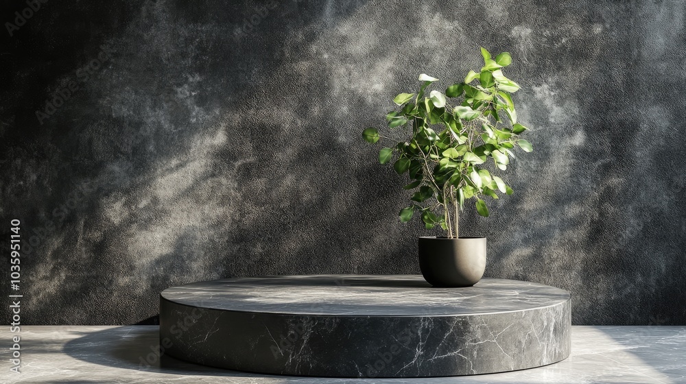 Poster elegant dark stone podium arrangement subtle backdrop for showcasing products soft natural shadow on