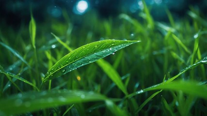 Lush Green Grass and Leaves Under Night Sky
