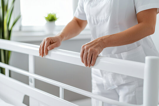 caregiver adjusting medical bed side rails, home care setting,