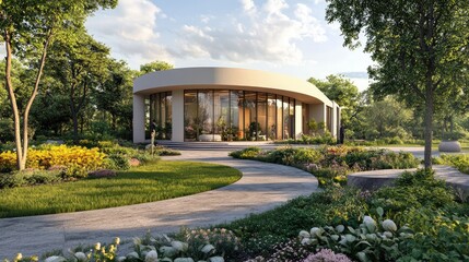 Obraz premium 3D rendering of a contemporary round office building featuring a garden