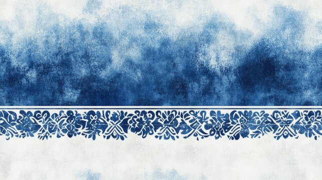 Ethnic pattern featuring ceramic tile design with blue and white paper texture Seamless tie dye border print and repeated blue textile print Tile pattern with washed and bleached effect