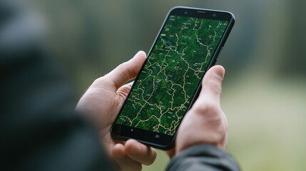 A person holds a smartphone displaying detailed green map data, suggesting outdoor navigation or exploration.