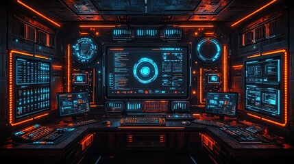 Obraz premium Futuristic control room with neon displays.