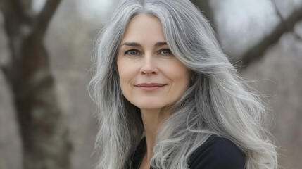 Naklejka premium portrait of a woman 40 years old with white silky hair .