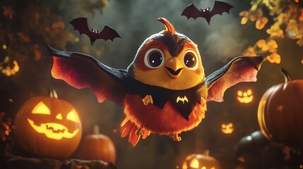Naklejka premium 3D-rendered cute bird in a vampire cape flying among Halloween pumpkins and bats
