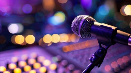 Obraz premium Close-up of microphone on stand in soundproof recording studio, positioned in front of script stand, symbolizing voice acting and audio production.